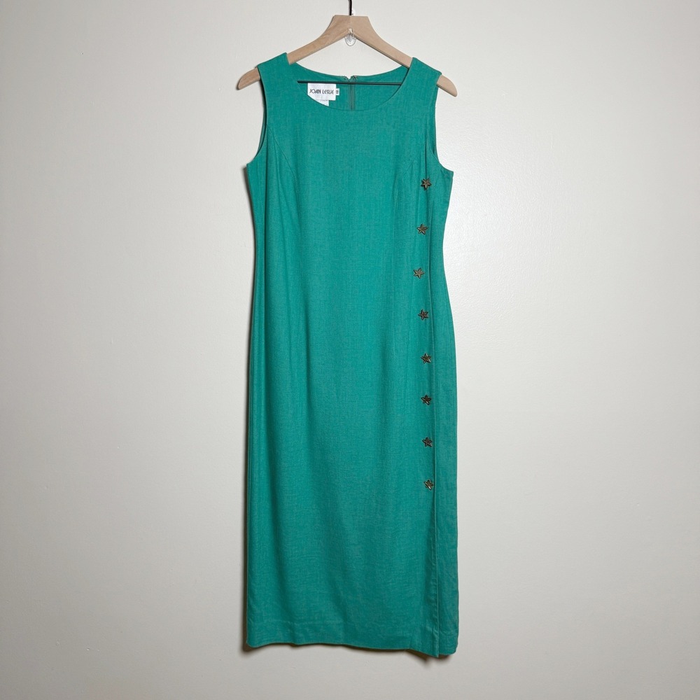Joan Leslie VTG Womens Linen‎ Midi Dress 12 Green Gold Star Buttons 90s Retro